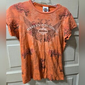 Harley Davidson Orange Logo Wings Graphic Short Sleeve Tshirt EUC *No Size Tag*